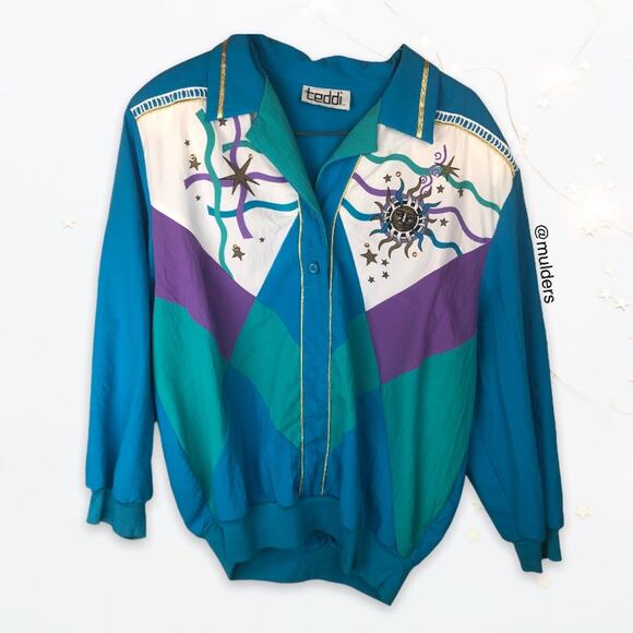 Vintage 80s Teddi Blue, Purple, Green Celestial Sun & Stars Pullover Top - Picture 1 of 9